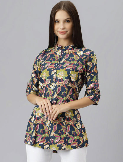 Navy Blue & Pink Floral Print Shirt Style Top For Women