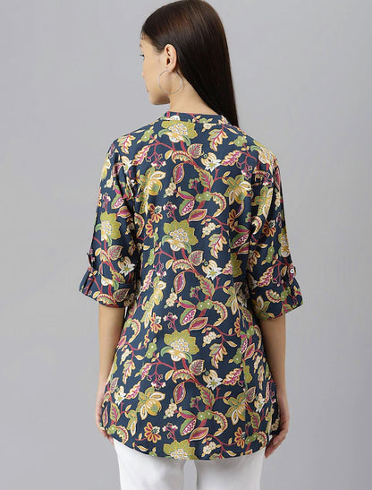 Navy Blue & Pink Floral Print Shirt Style Top For Women
