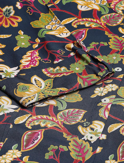 Navy Blue & Pink Floral Print Shirt Style Top For Women