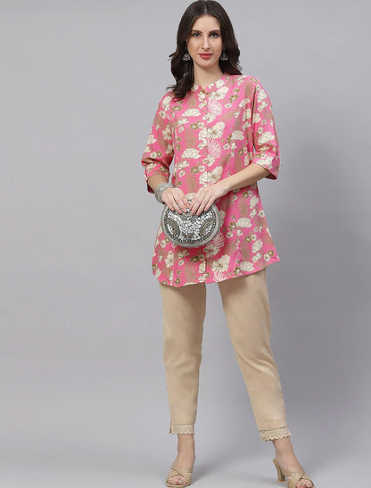 Pink & Beige Floral Print Shirt Style Top For Women