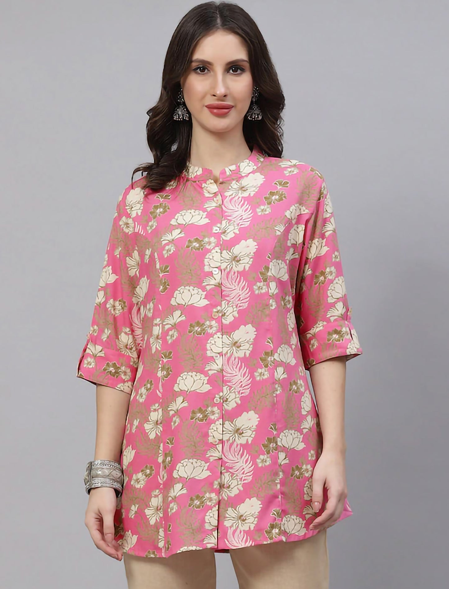 Pink & Beige Floral Print Roll-Up Sleeves Shirt Style Divena Top For Women