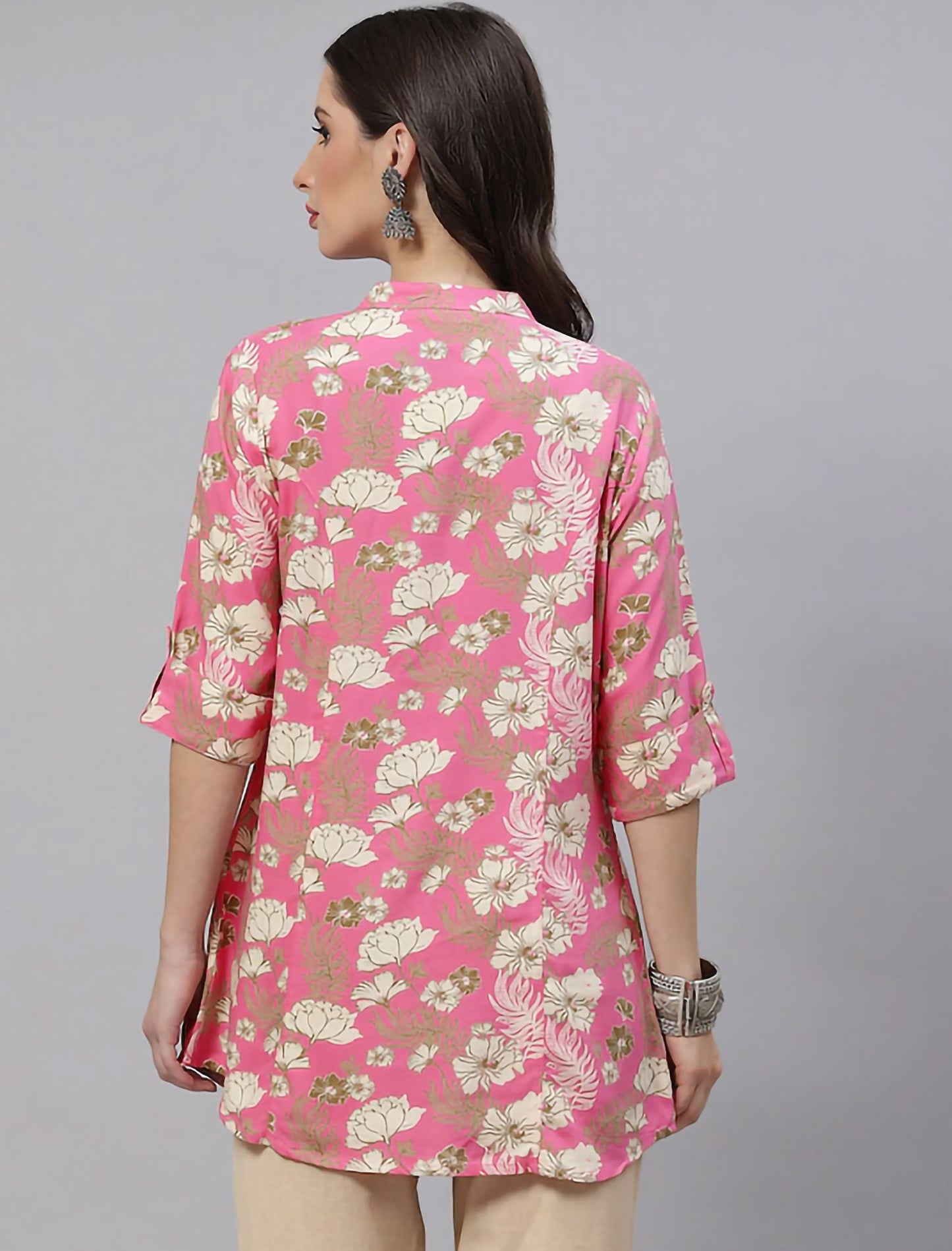 Pink & Beige Floral Print Roll-Up Sleeves Shirt Style Divena Top For Women