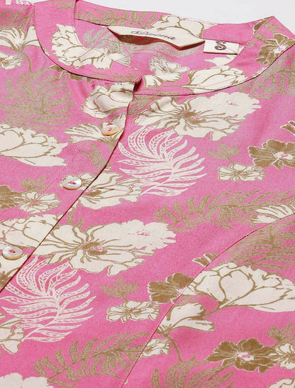 Pink & Beige Floral Print Shirt Style Top For Women