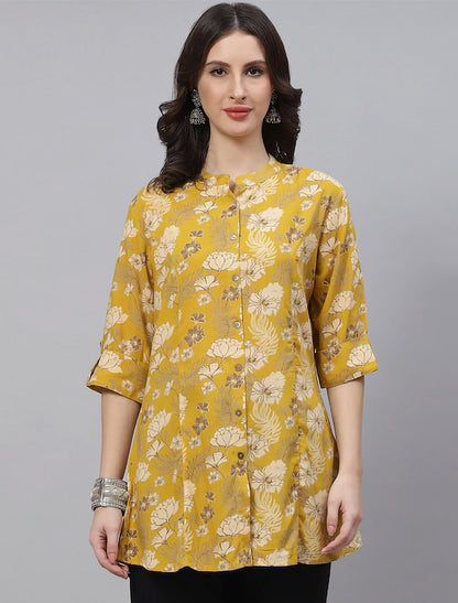 Mustard Yellow & Beige Floral Print Shirt Style Top For Women