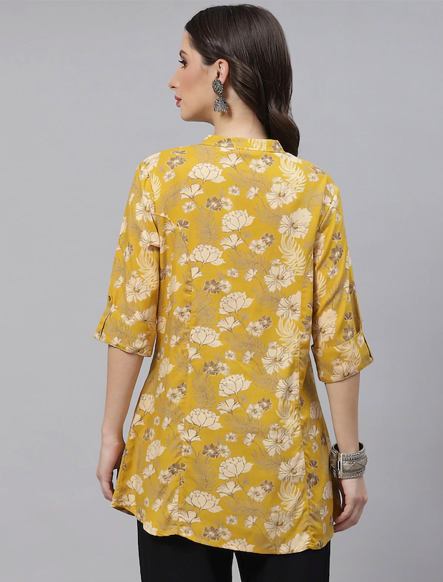 Mustard Yellow & Beige Floral Print Roll-Up Sleeves Shirt Style Divena Top For Women