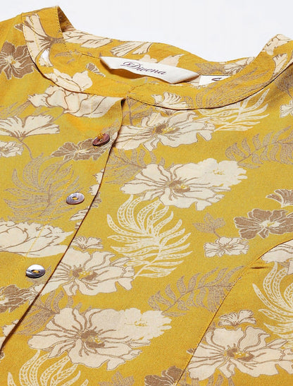 Mustard Yellow & Beige Floral Print Shirt Style Top For Women