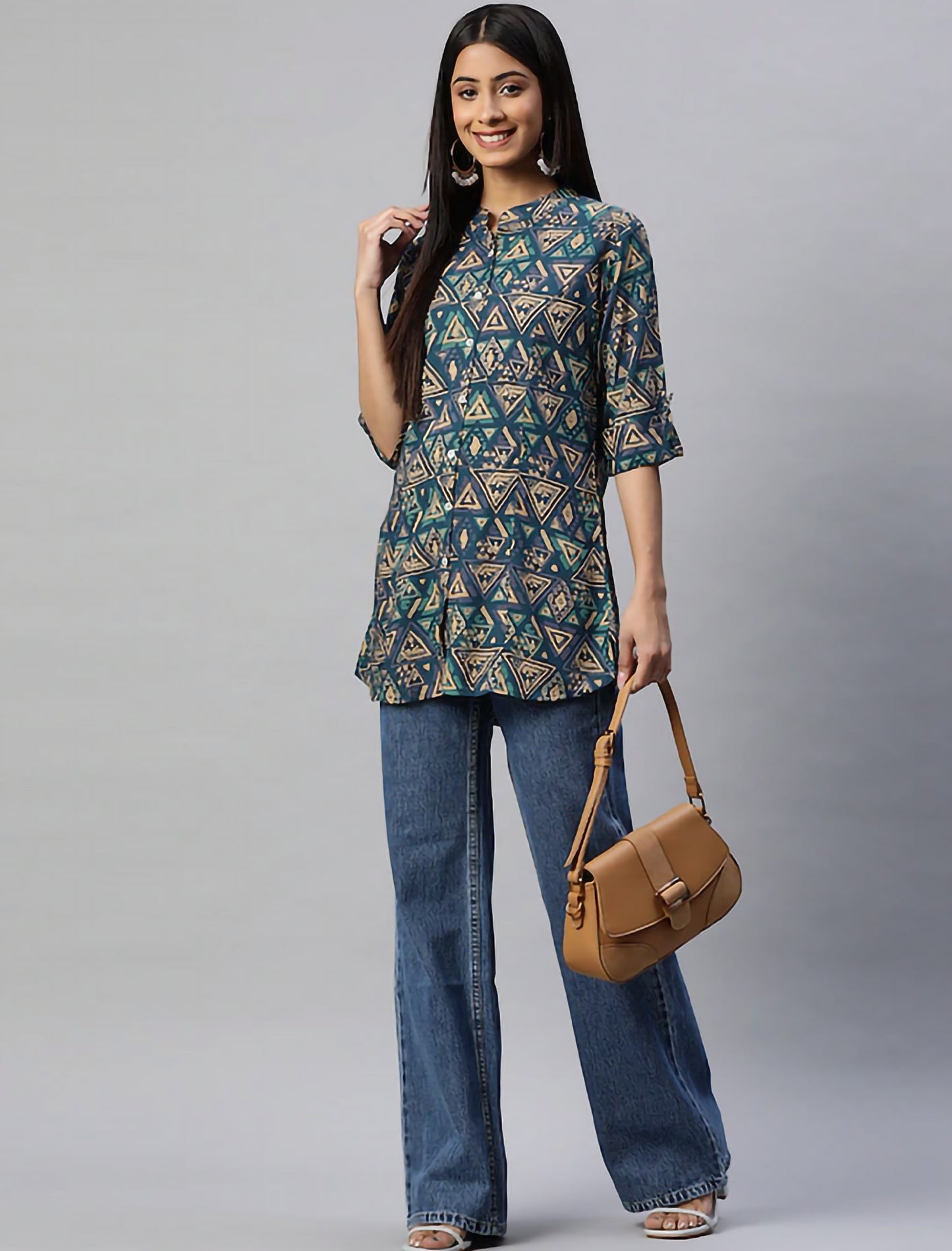 Navy Blue and Beige Regular Shirt Style Divena Top For Women