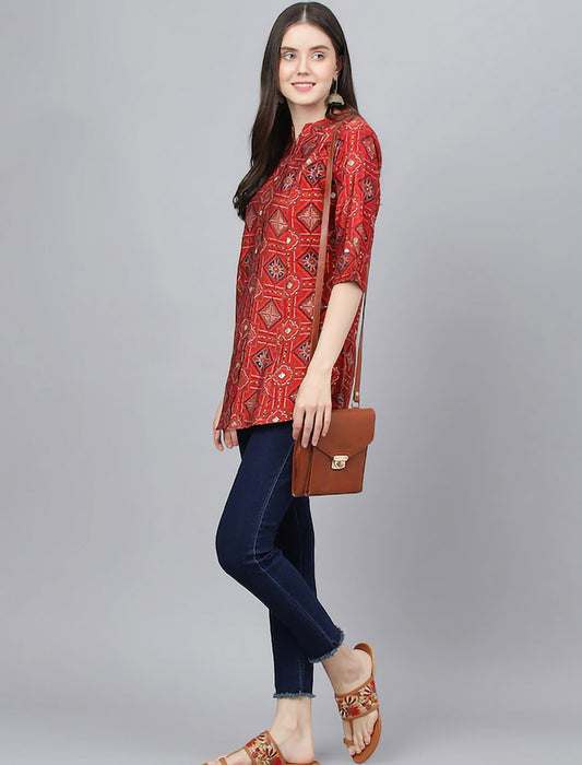Print Mandarin Collar Shirt Style Longline Divena Top For Women