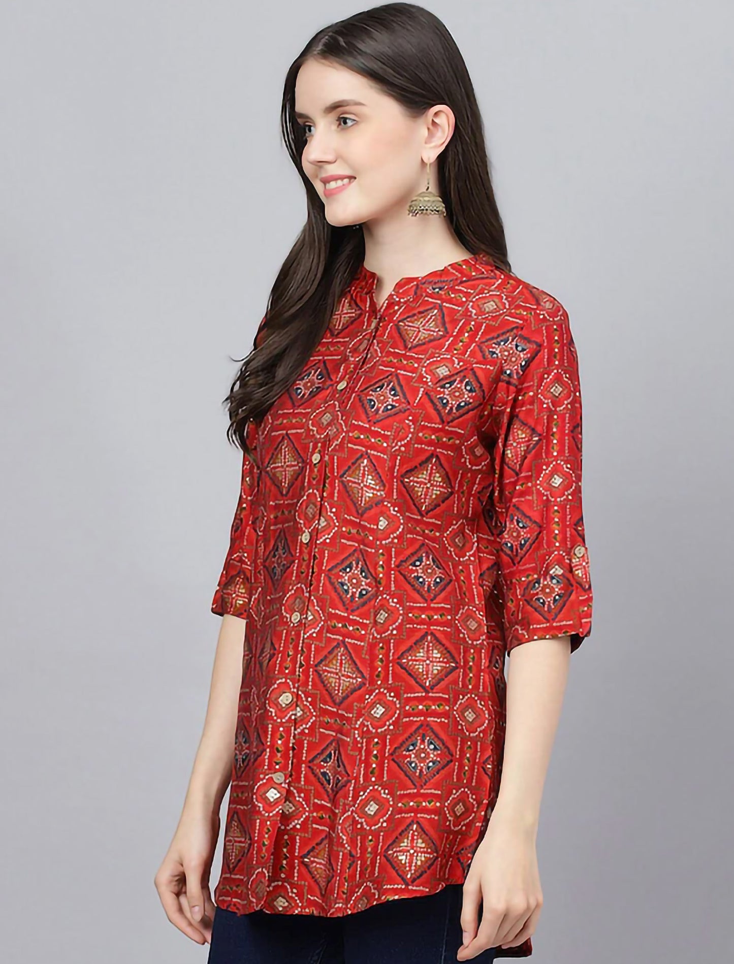 Print Mandarin Collar Shirt Style Longline Divena Top For Women