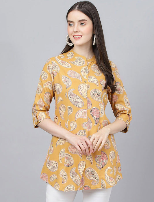 Print Mandarin Collar Roll-Up Sleeves Shirt Style Divena Top For Women