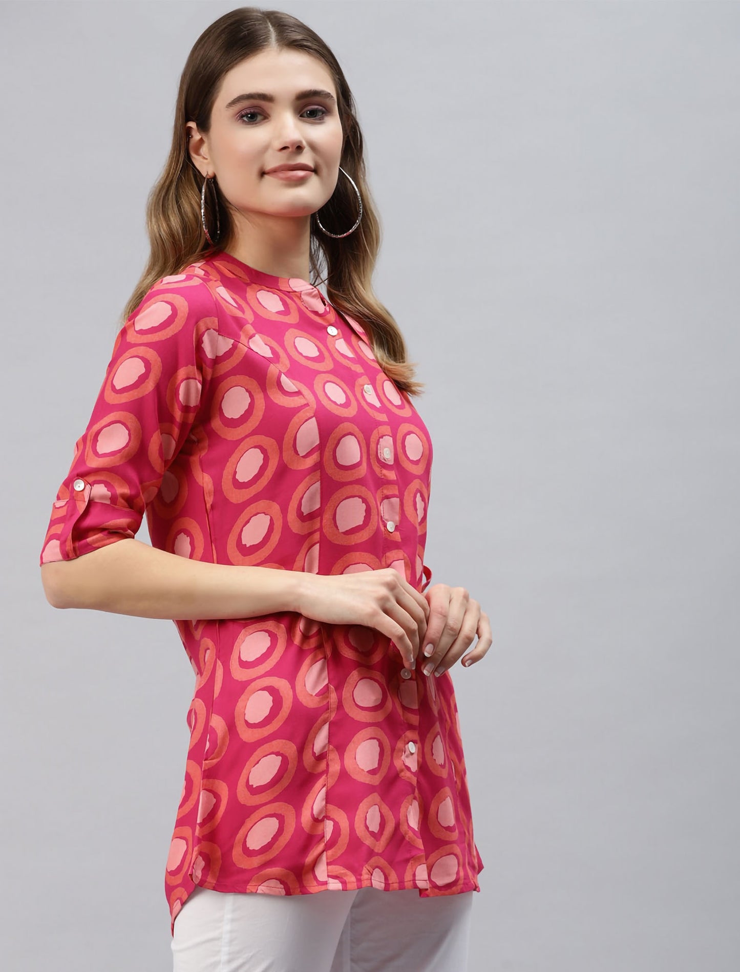 Pink Print Mandarin Collar Roll-Up Sleeves Shirt Style Divena Top For Women