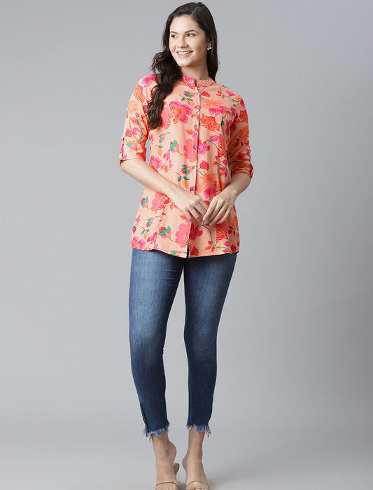 Peach-Coloured & Green Floral Print Shirt Style Divena Top For Women