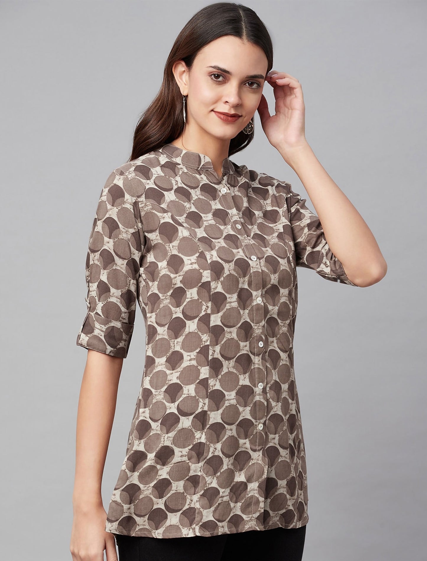 Brown & Beige Geometric Print Mandarin Collar Roll-Up Sleeves Shirt Divena Top For Women