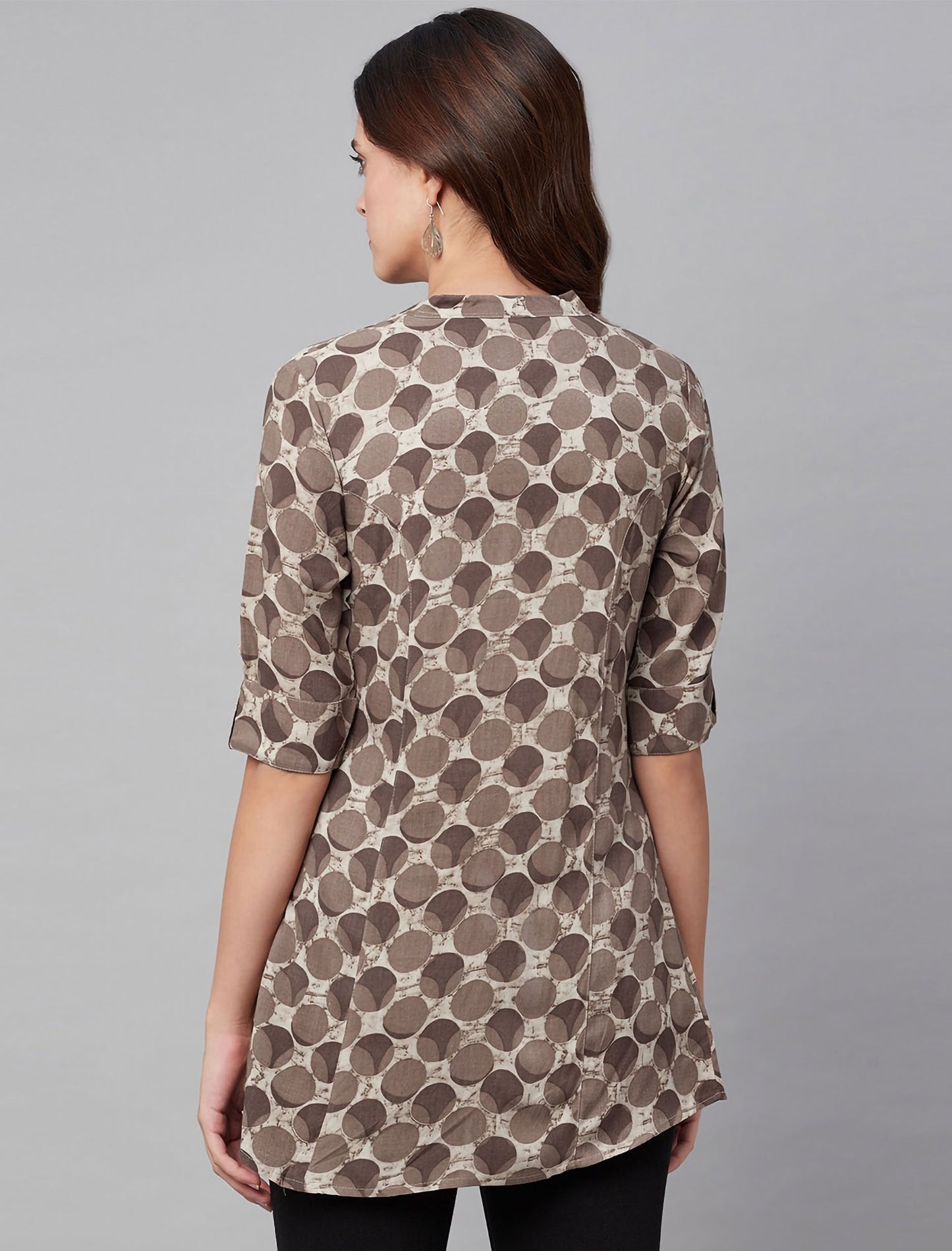 Brown & Beige Geometric Print Mandarin Collar Roll-Up Sleeves Shirt Divena Top For Women