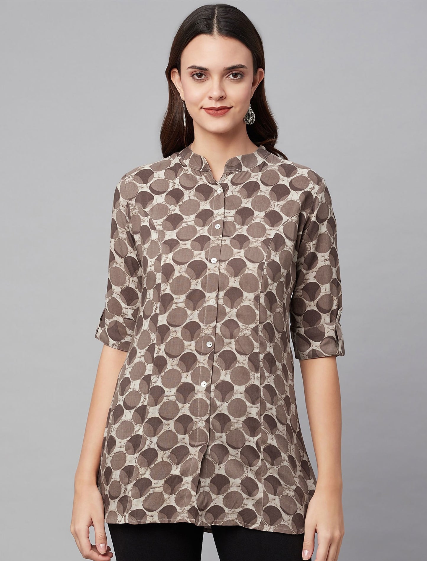 Brown & Beige Geometric Print Mandarin Collar Roll-Up Sleeves Shirt Divena Top For Women