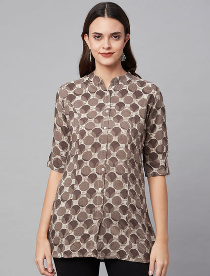 Brown & Beige Geometric Print Mandarin Collar Top For Women