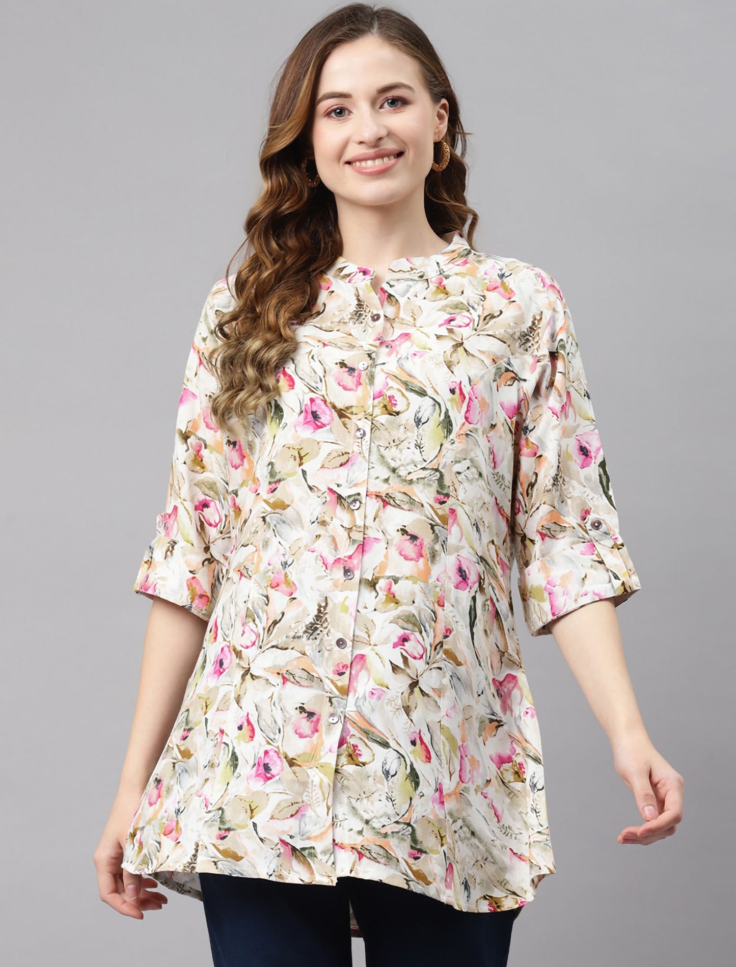 Buy Divena Off White & Green Floral Print Mandarin Collar Roll-Up Sleeves A-Line Top