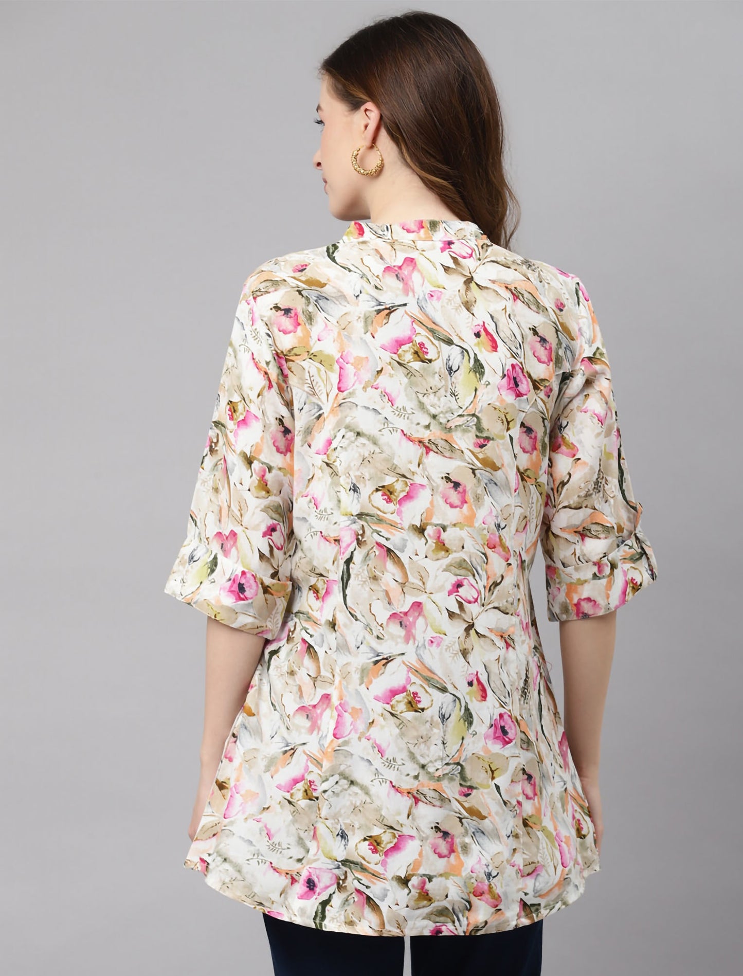 Buy Divena Off White & Green Floral Print Mandarin Collar Roll-Up Sleeves A-Line Top