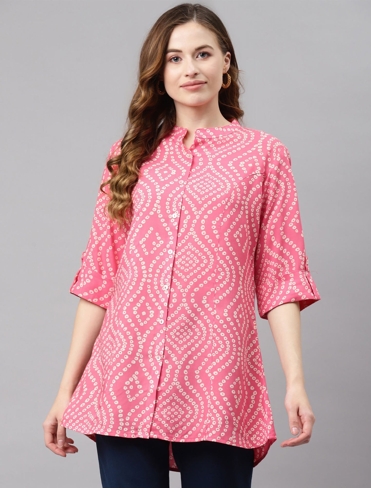 Pink & White Bandhani Print Mandarin Collar A-Line Divena Top For Women