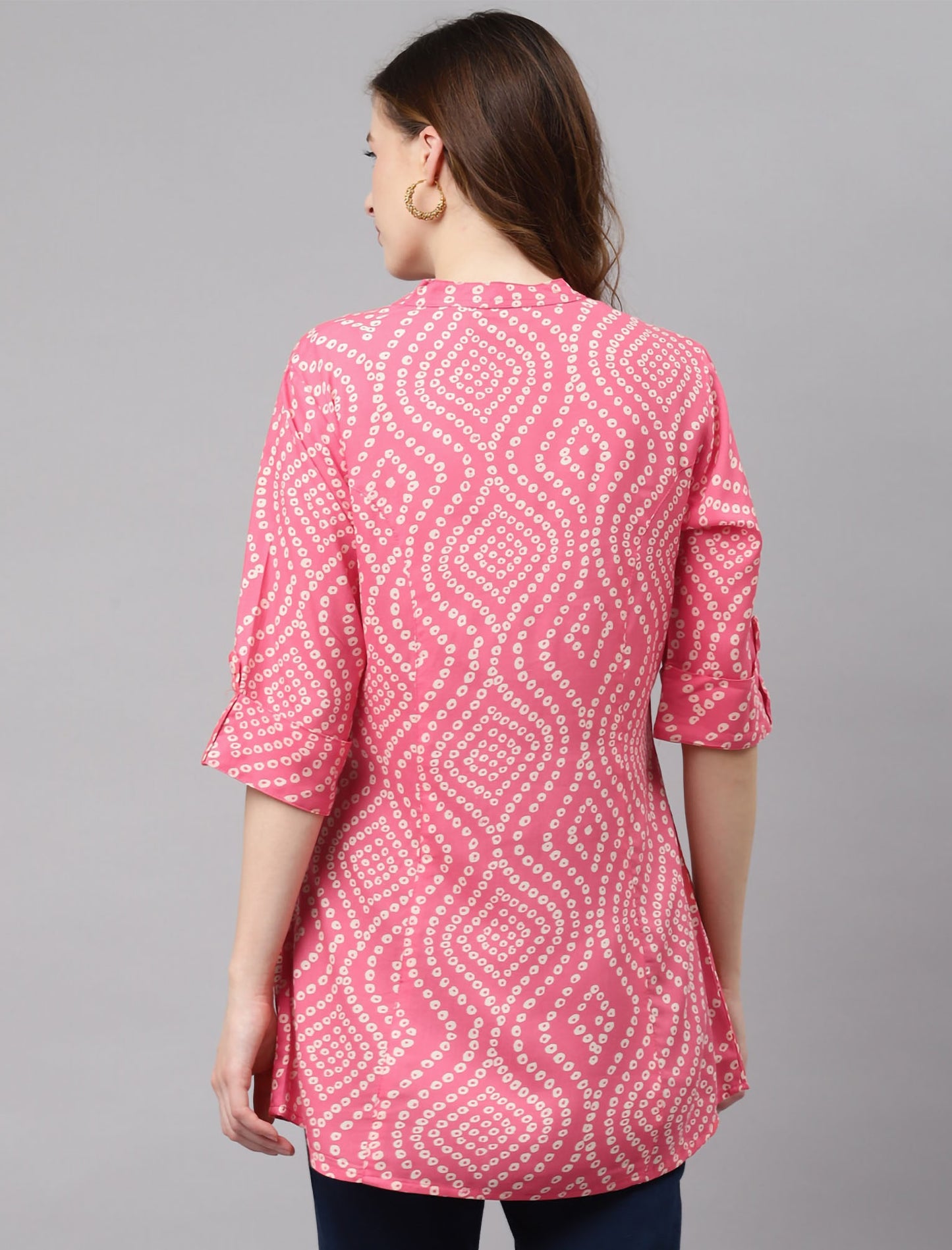 Pink & White Bandhani Print Mandarin Collar A-Line Divena Top For Women