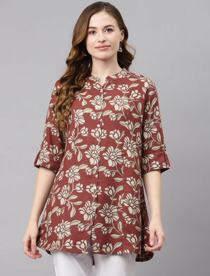 Buy Women Rust and Off White A-line Top