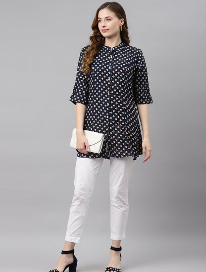 Navy Blue & Off White A Line Top For Women