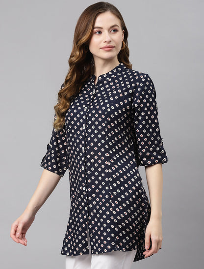 Navy Blue & Off White A Line Top For Women