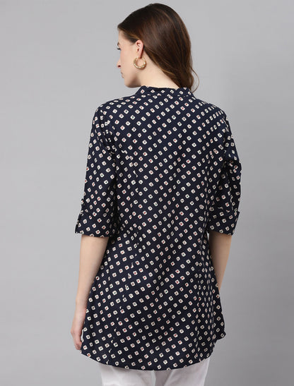 Navy Blue & Off White A Line Top For Women