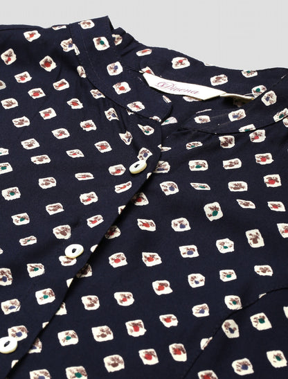 Navy Blue & Off White A Line Top For Women
