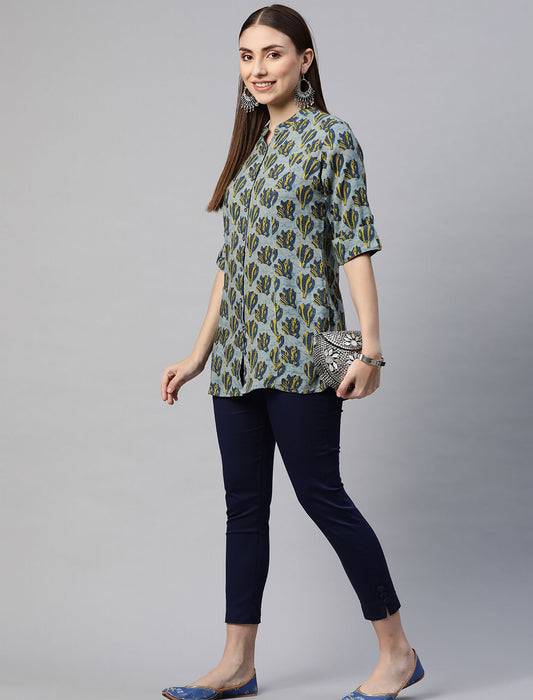 Blue & Yellow Floral Print Mandarin Collar Shirt Style Divena Top For Women