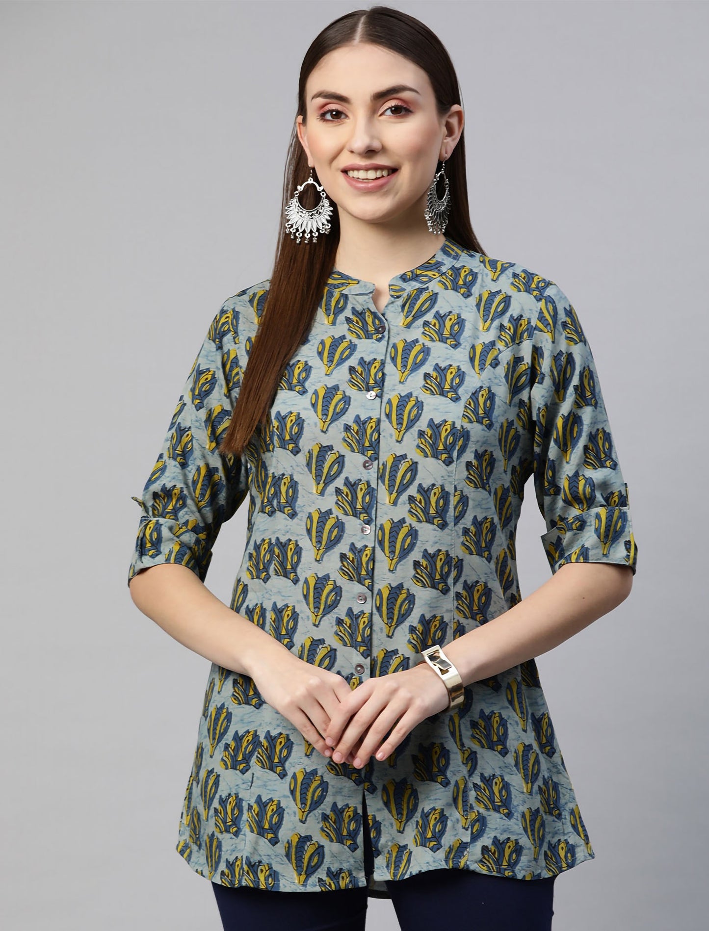 Blue & Yellow Floral Print Mandarin Collar Shirt Style Divena Top For Women