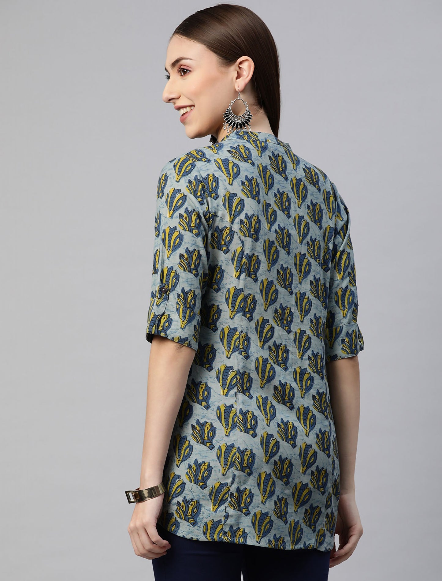 Blue & Yellow Floral Print Mandarin Collar Shirt Style Divena Top For Women