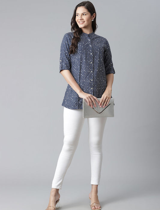 Teal Blue & White Ethnic Motifs Print Mandarin Collar Shirt Style Divena Top For Women
