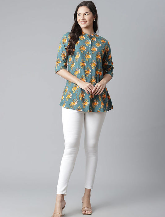 Sea Green Floral Print Mandarin Collar Roll-Up Sleeves Shirt Style Divena Top For Women