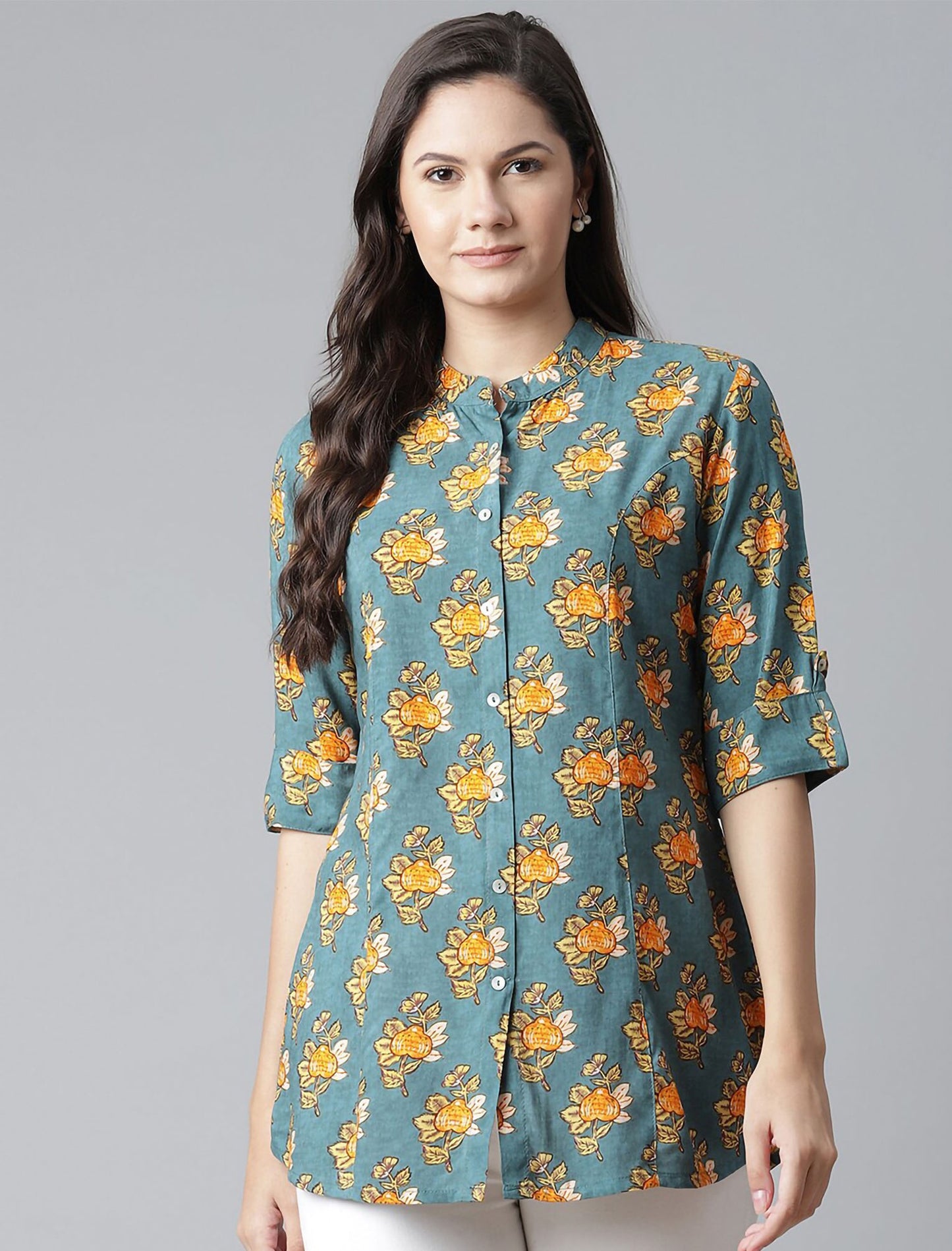 Sea Green Floral Print Mandarin Collar Roll-Up Sleeves Shirt Style Divena Top For Women