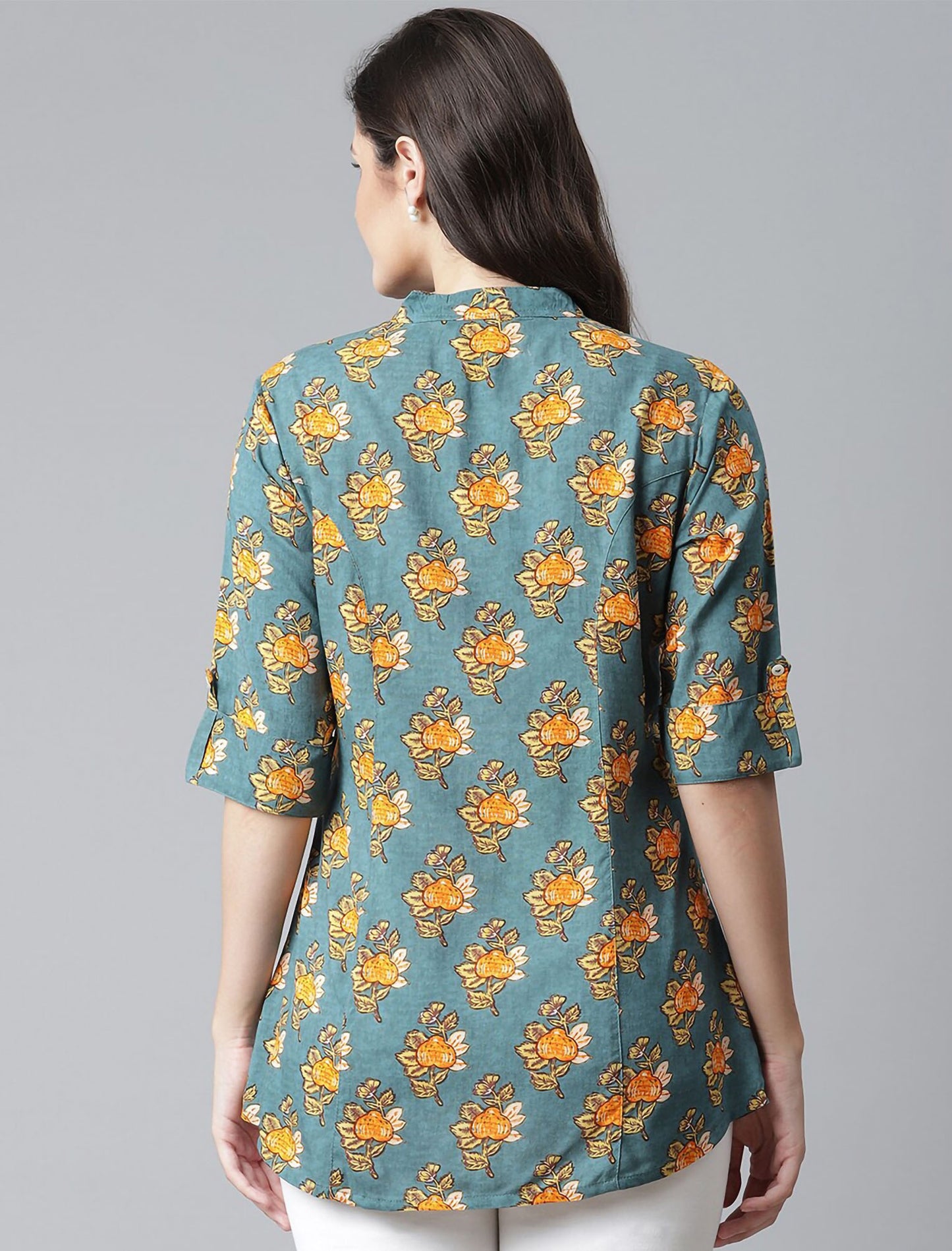 Sea Green Floral Print Mandarin Collar Roll-Up Sleeves Shirt Style Divena Top For Women