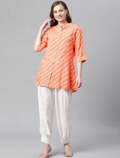 Orange & White Mandarin Collar Roll-Up Sleeves Top For Women
