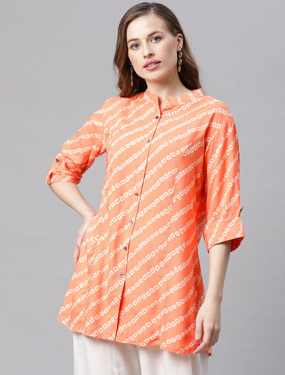 Orange & White Mandarin Collar Roll-Up Sleeves Top For Women