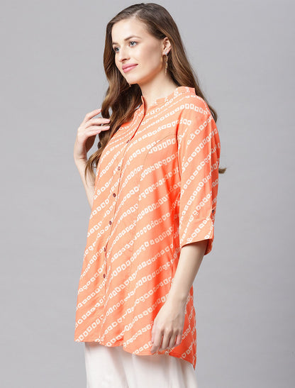 Orange & White Mandarin Collar Roll-Up Sleeves Top For Women
