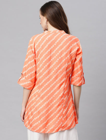 Orange & White Mandarin Collar Roll-Up Sleeves Top For Women