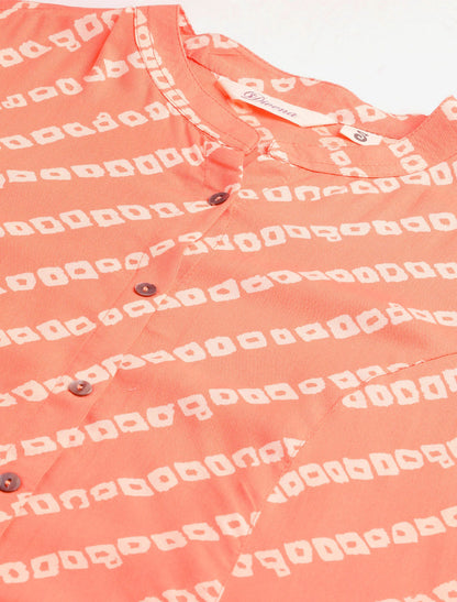 Orange & White Mandarin Collar Roll-Up Sleeves Top For Women