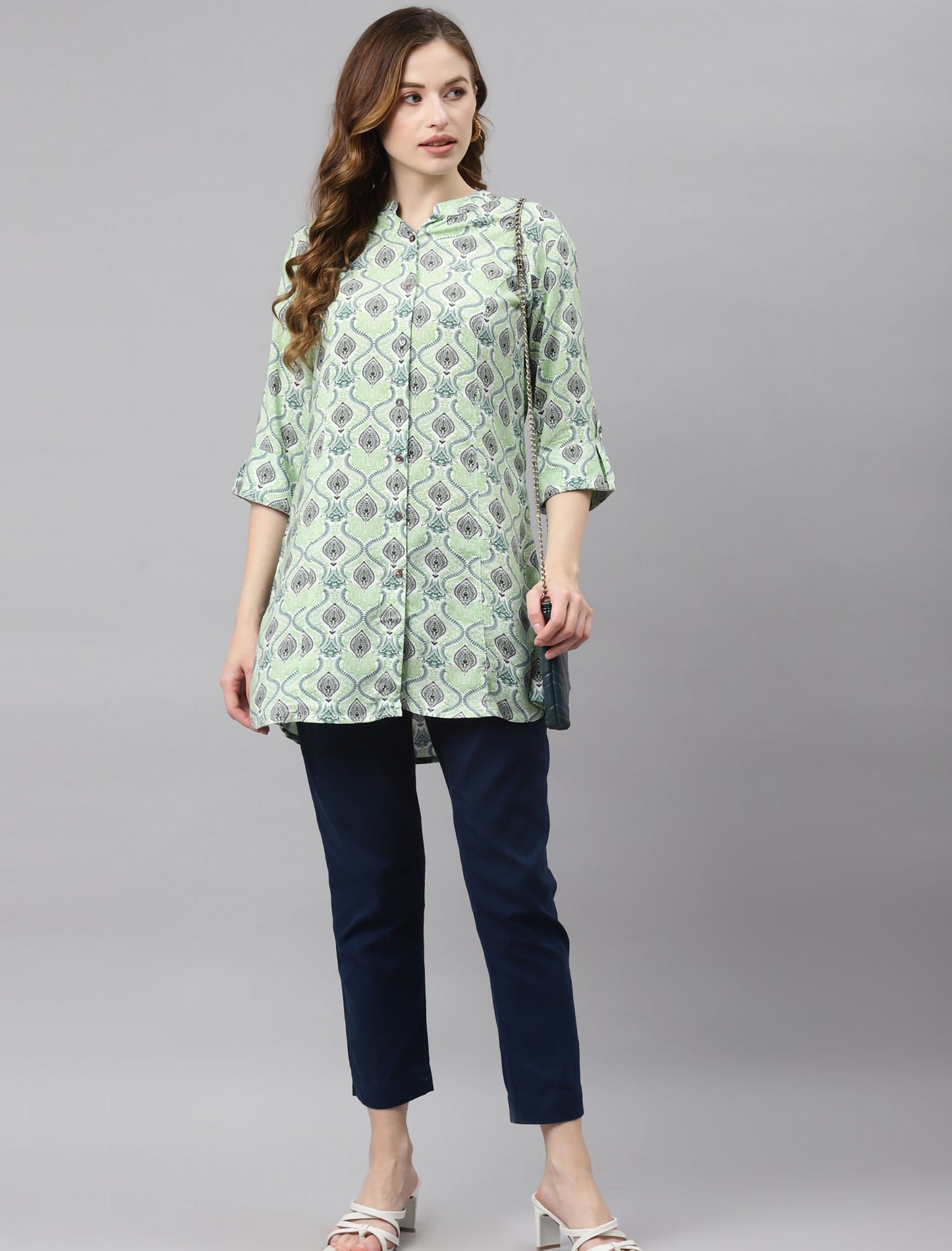 Buy Divena Green & Black Printed Mandarin Collar Roll-Up Sleeves A-Line Top