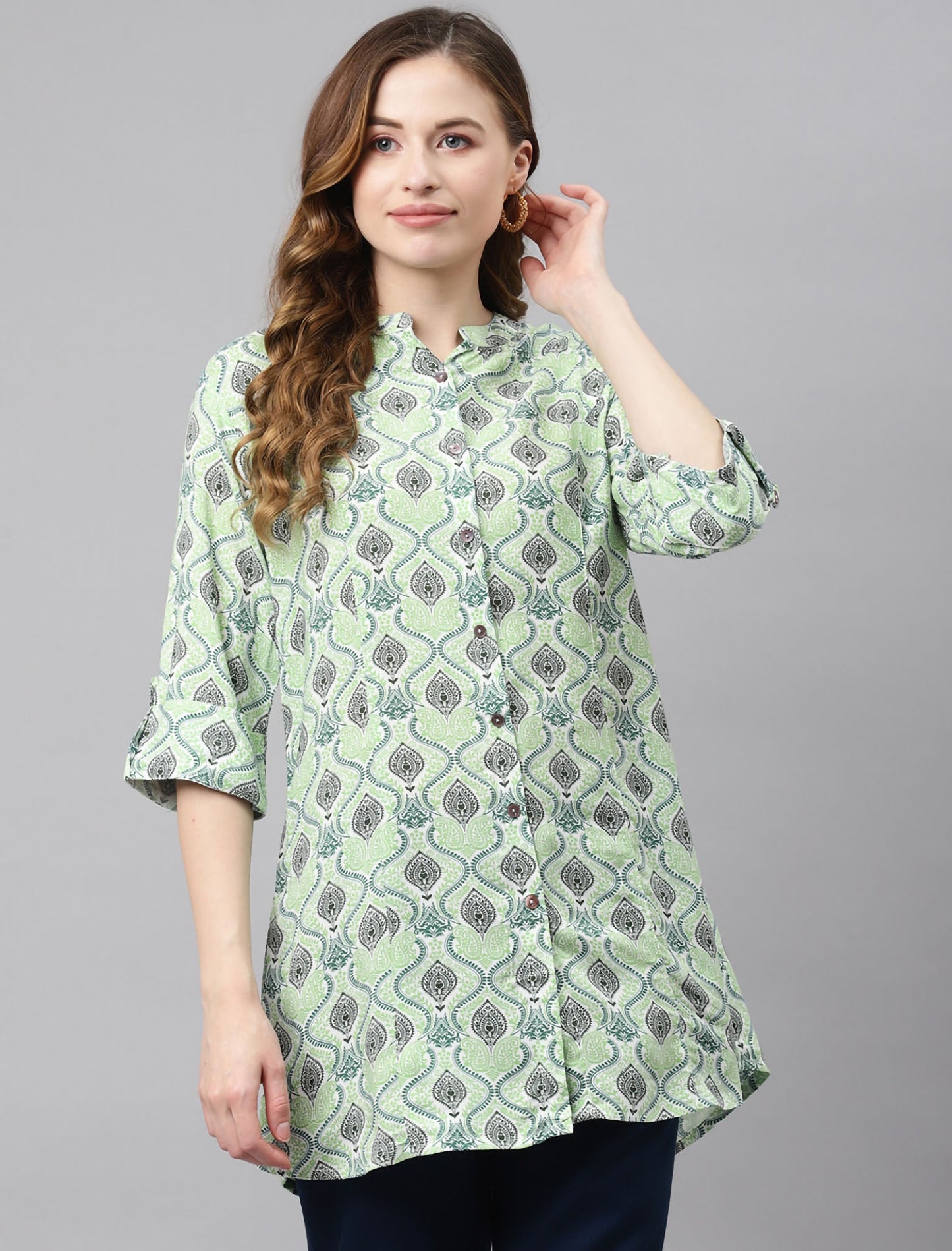 Buy Divena Green & Black Printed Mandarin Collar Roll-Up Sleeves A-Line Top