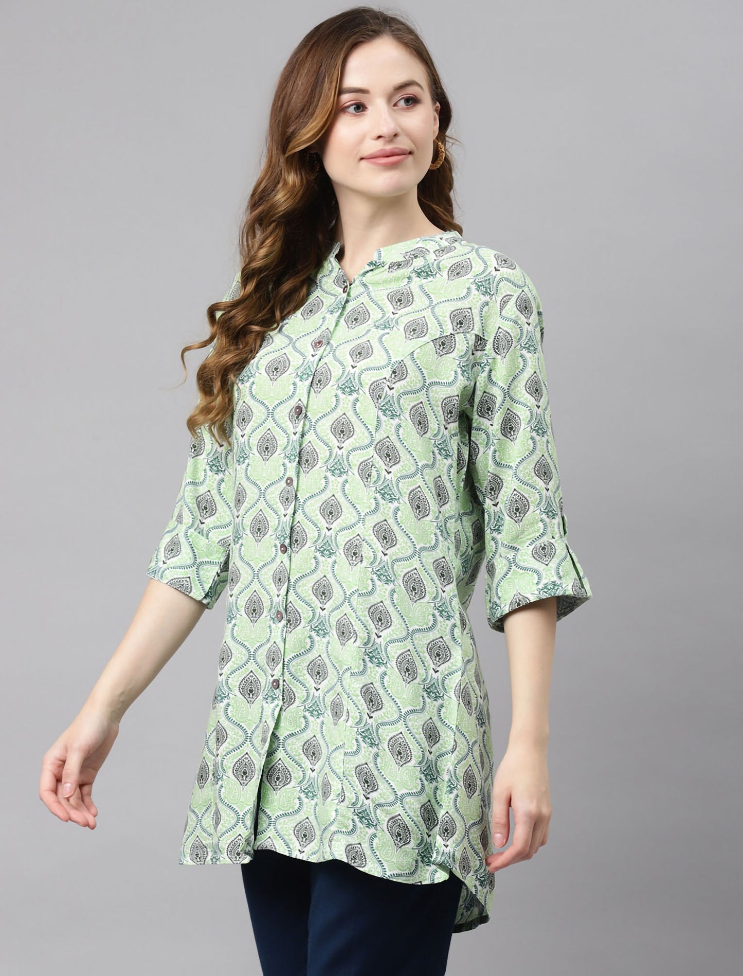 Buy Divena Green & Black Printed Mandarin Collar Roll-Up Sleeves A-Line Top