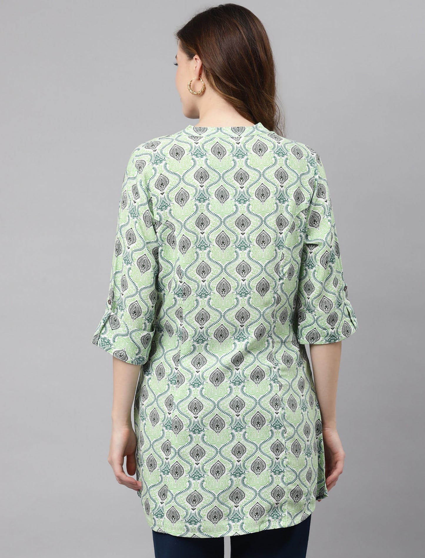 Buy Divena Green & Black Printed Mandarin Collar Roll-Up Sleeves A-Line Top