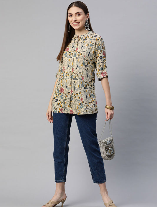 Beige & Pink Floral Print Mandarin Collar Roll-Up Sleeves Shirt Divena Top For Women