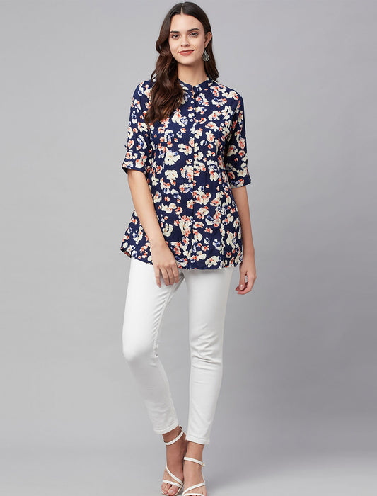 Navy Blue & White Floral Print Mandarin Collar Roll-Up Sleeves Shirt Style Divena Top For Women