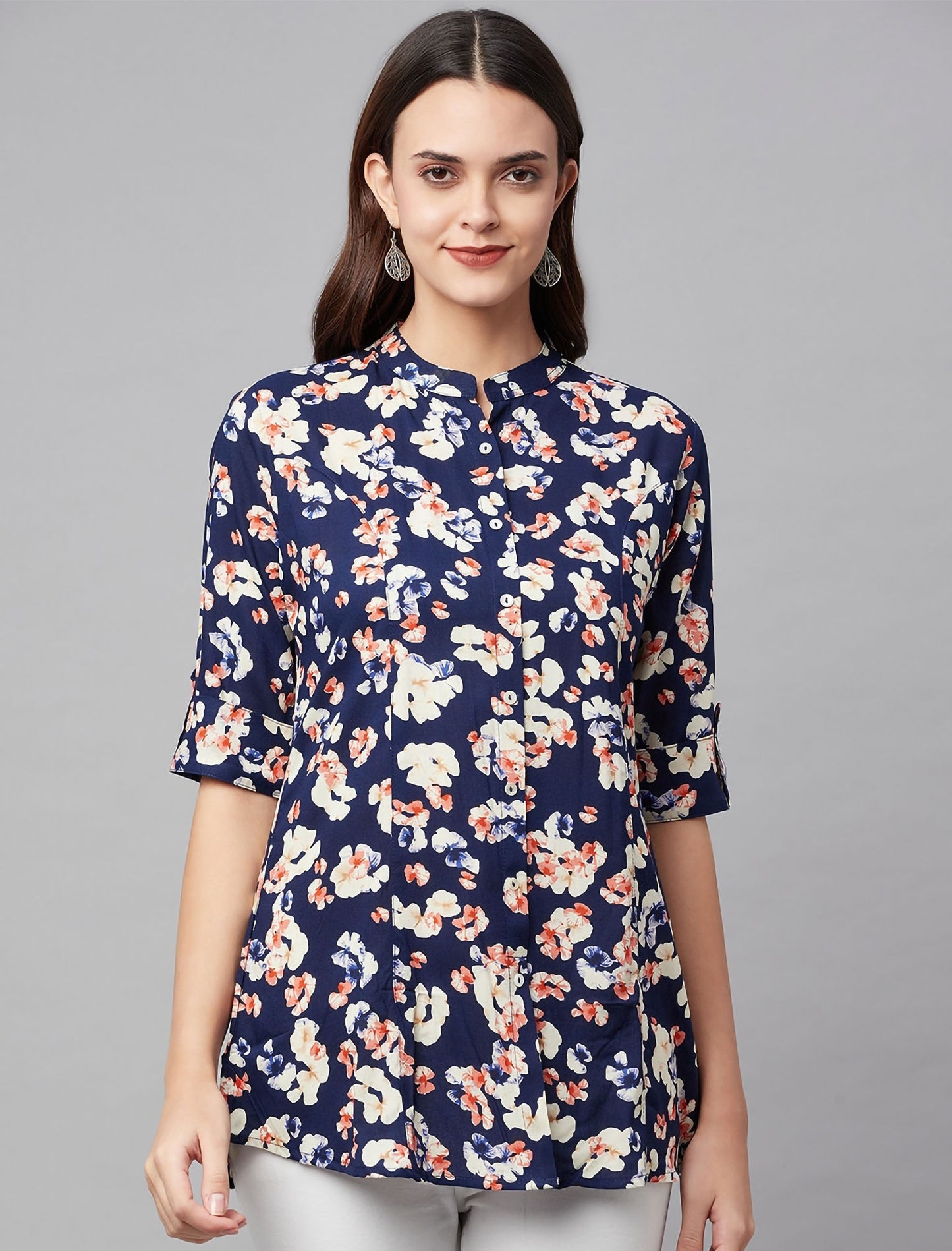 Navy Blue & White Floral Print Mandarin Collar Roll-Up Sleeves Shirt Style Divena Top For Women