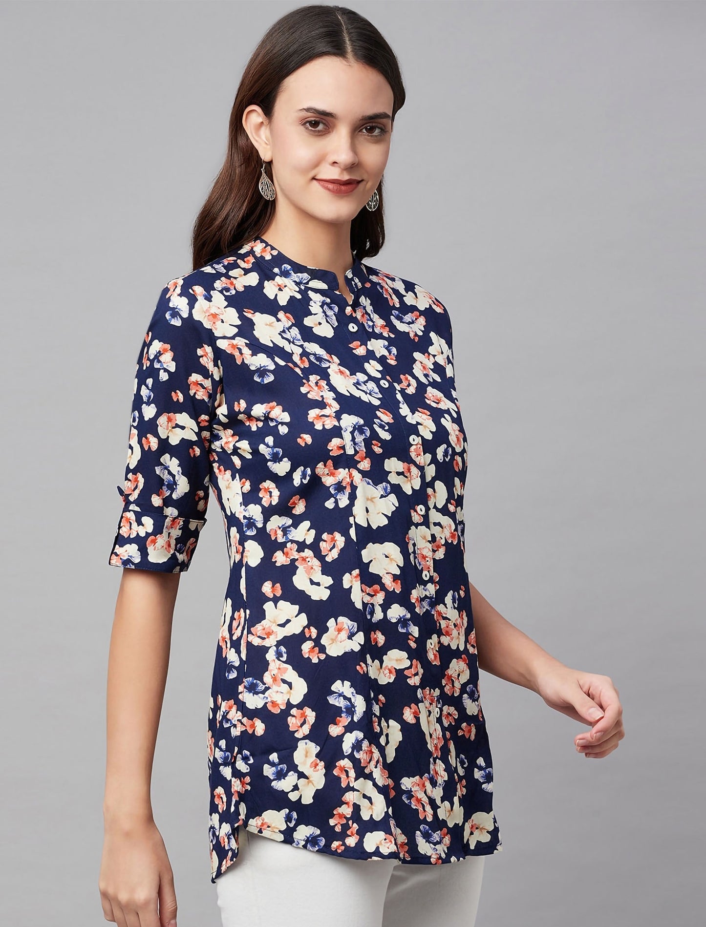 Navy Blue & White Floral Print Mandarin Collar Roll-Up Sleeves Shirt Style Divena Top For Women