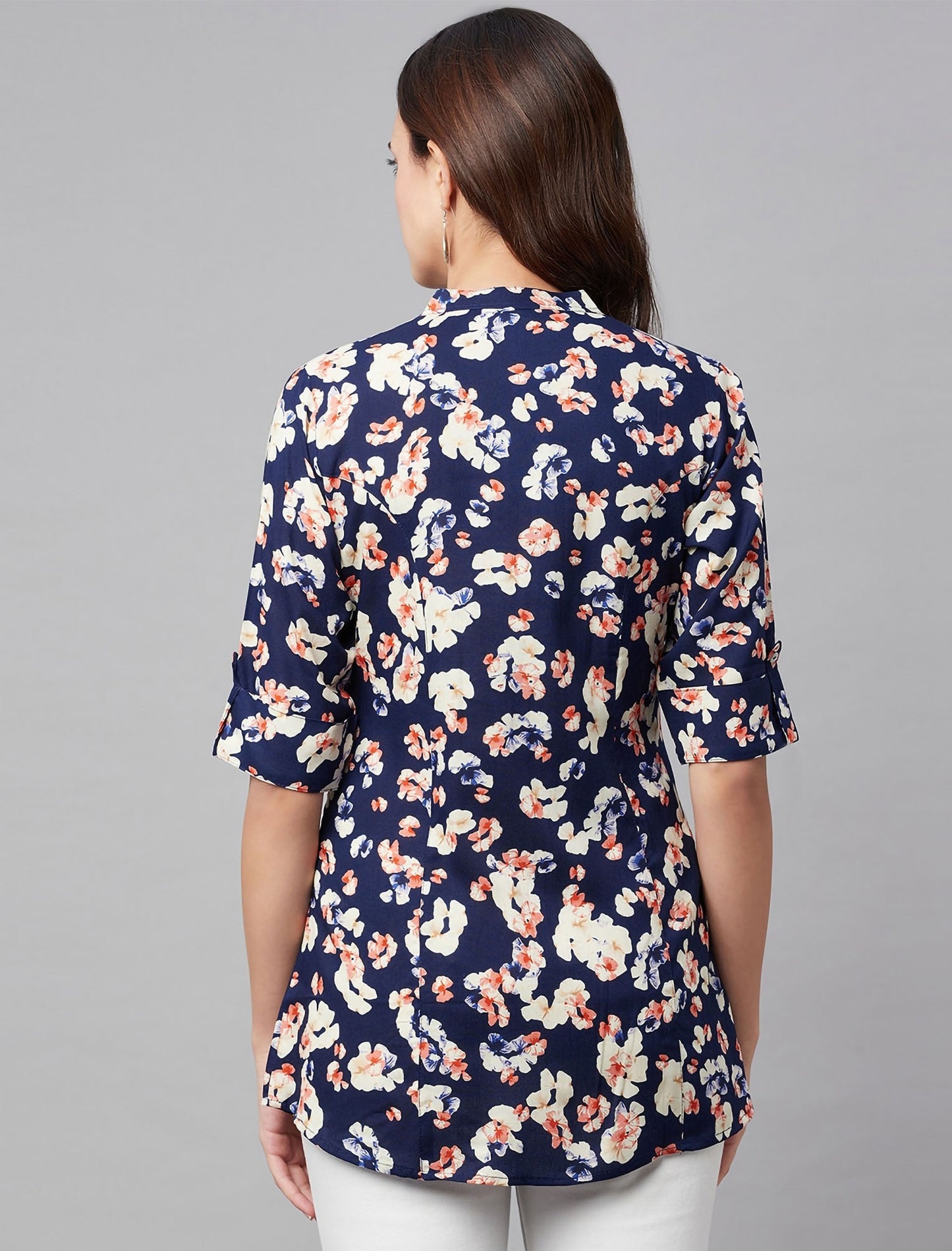 Navy Blue & White Floral Print Mandarin Collar Roll-Up Sleeves Shirt Style Divena Top For Women